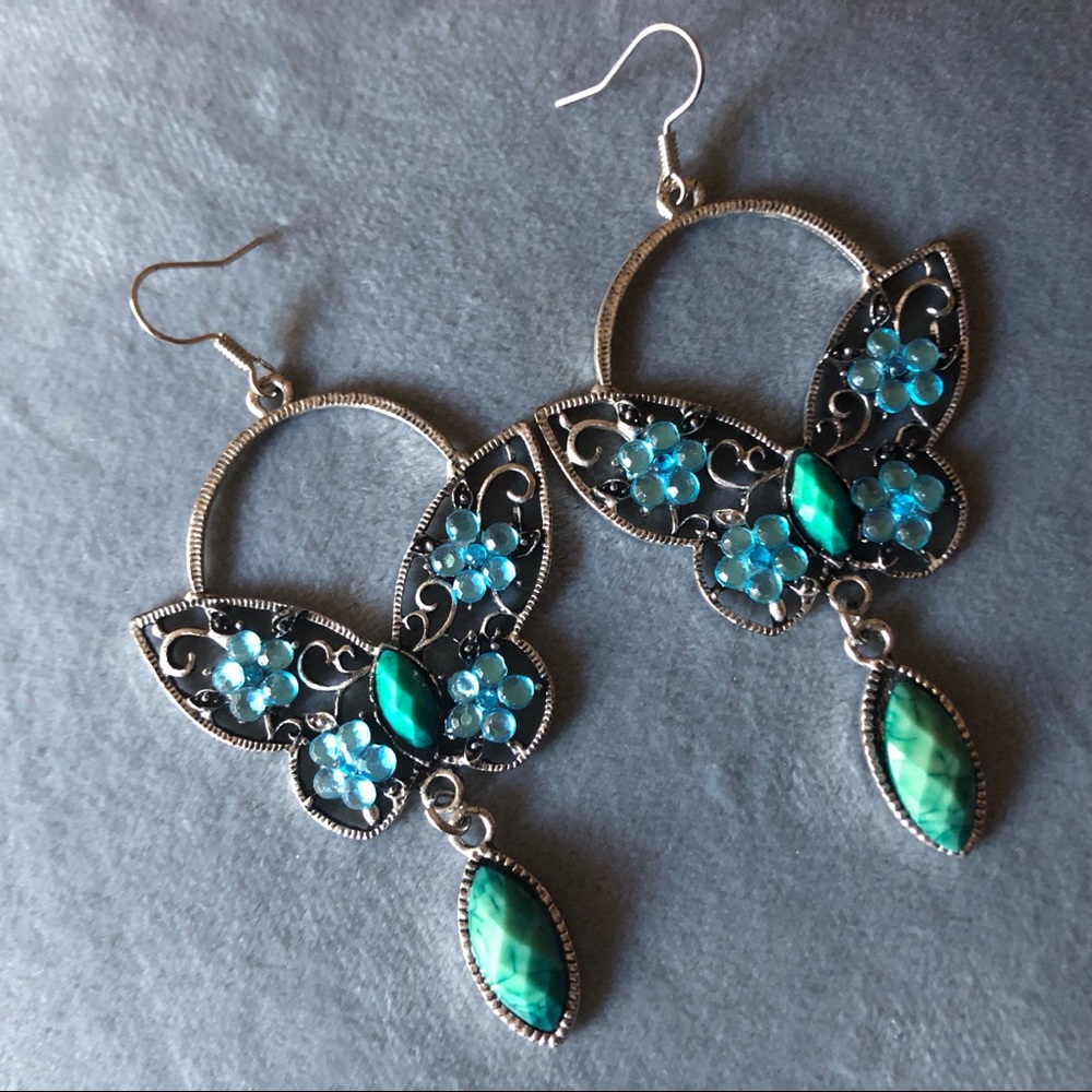 2/$20 Teal Turquoise Butterfly Earrings Silver Tone Long - Picture 6 of 6